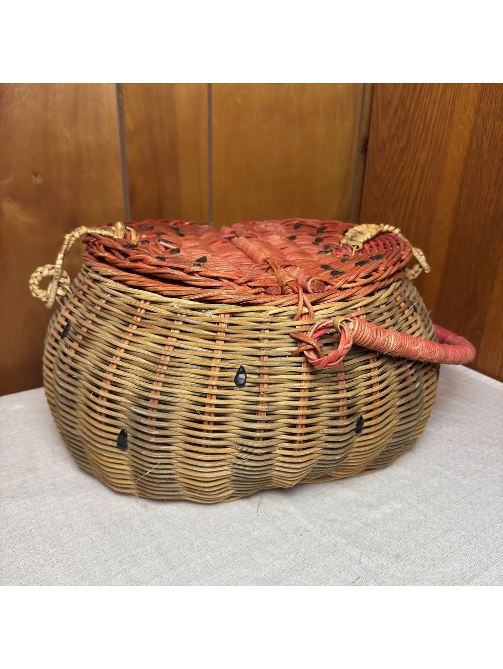 Vintage Watermelon Wicker Picnic Basket Split Lid Summer Kitchen Decor